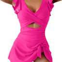 One Piece Swimdress Swimsuit for Women Tummy Control Ruffle Swim Dress Skirt V Neck Cutout Wrap Bathing Suit (Small, Hot Pink)