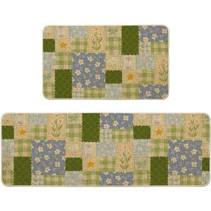 Artoid Mode Check Pattern Flowers Floral Spring Kitchen Mats Set of 2, Home Decor Low-Profile Kitchen Rugs for Floor - 17x29 and 17x47 Inch