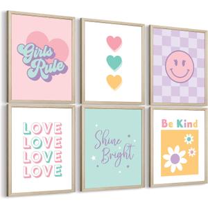 Girls Room Wall Art Kids Canvas Poster Nursery Wall Decor Pink Colorful Prints Baby Toddler Pictures Teen Girl Rule Artwork Love Smile Painting for Bedroom Playroom 8x10 Inch Wood Framed