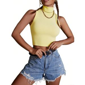 Verdusa Women's Crop Tops Old Money Clothes Sleeveless High Mock Neck Knit Fitted Basic Tank Top (X-Large, Light Yellow)