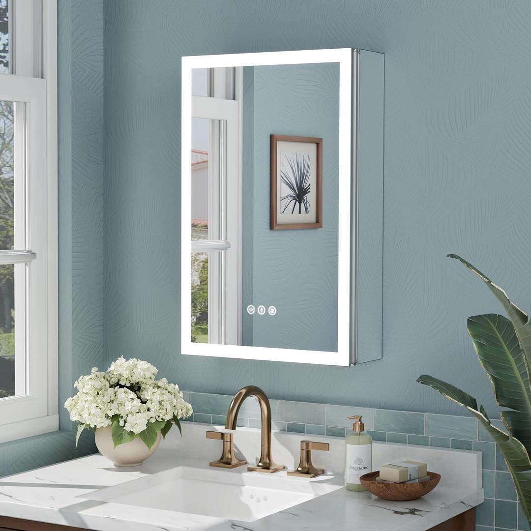 16x24 Inch Medicine Cabinet with Lights, AL Alloy Frame, Hardwired, Recessed or Wall Mount, Mirror Doors/3 Colors/Dimmable/Defog, 2 Outlets & USBs, 2 Shelves (Right Hinge)