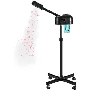 LCD Facial Steamer Professional for Clean Skin, Skin Care Use at Home, Beauty Salon, Spa with Hot Mist, Timer Function, Adjustable Height, Rolling Wheels - Black