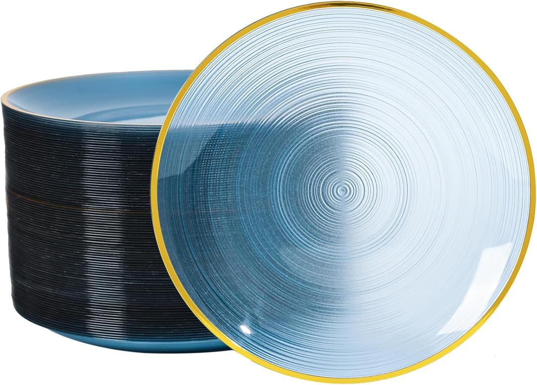 100PCS Transparent Blue Gold Plastic Plates, 10 Inch Heavy Duty Disposable Dinner Plates with Gold Rim, Round Party Plates for Wedding, Party, Camping, Picnic, Birthday