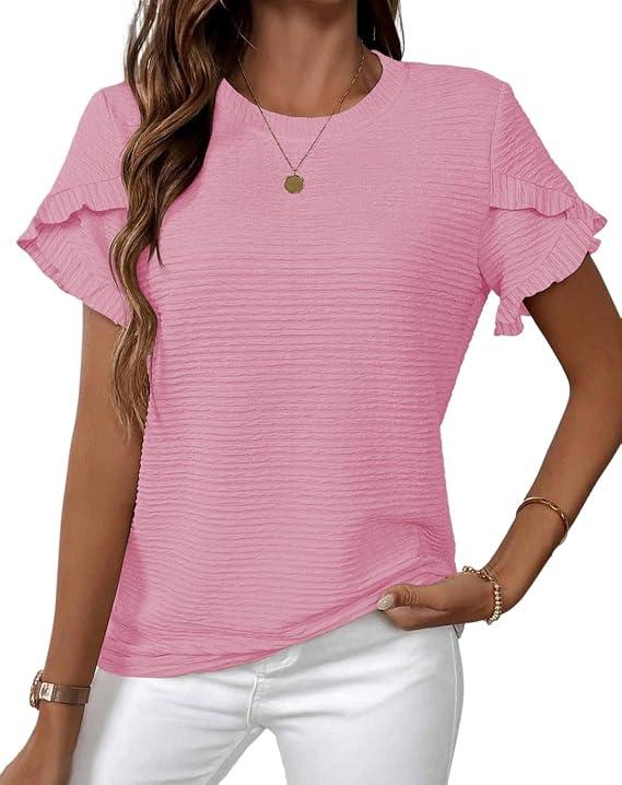 Spring Summer Women's Casual Tops, Cute Ruffle Short & Long Sleeve Crew Neck Blouses, Soft Textured Relaxed Fit Shirts, XXL
