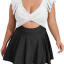 B2prity Women's Plus Size Swimsuit Tummy Control One Piece Swimdress Ruffle V Neck Cutout Wrap Bathing Suit with Skirt 18 W