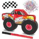 Monster Truck Piñata, 4 Piece Set, perfect for Kids Birthday Parties, Race Car Party Supplies fits piñata candy and party favors (16”X10”) durable! (Red Monster Truck)