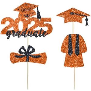 4 Pcs 2025 Graduate Cake Topper Orange Glitter Congrats Grad Cake Topper Class of 2025 Cake Decor for 2025 Senior High School/College/University Happy 2025 Graduation Party Supplies Decorations, Pack of 2