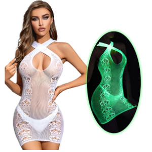 FasiCat Sexy Lingerie for Women Mesh Lingerie Backless Fishnet Minin Dress Glow in The Dark Lingerie Babydoll Halter Chemise Pack of 2, Green 