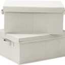 HOONEX Foldable Storage Bins with Lids, 2 Pack, Storage Boxes with Carrying Handles and Sturdy Heavy Cardboard, 16.5" L x 11.8" W x 7.5" H for Shoes, Books, Clothes, Beige