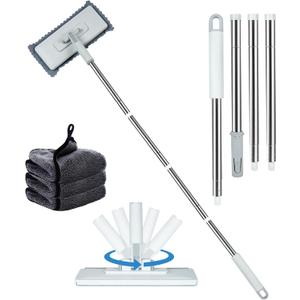 Disposable Dust Mop with 3 Shiny Cleaning Wipe Cloths, 360Spin No Wash Mop, 4Ft Extension Pole Snap Grip Mini Mop -Automatic Cloth Changing, Small Disposable Dust Mop Set for Tile, Floor and Wall (White)