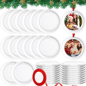 Tondiamo 50 Pcs Picture Frame Ornament Photo Christmas Round Ornament with Red Satin Ribbon Acrylic Hanging Photo Christmas Ornaments Small Frame Ornaments for Tree Decoration Wedding Picture
