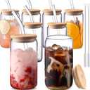 DWTS DANWEITESI Glass Cups with Lids and Straws 8 pcs,16 oz Glass Iced Coffee Cups with Lids-Clear Glass Coffee Cups,Cute Glass Cups for Coffee Bar Accessories Gifts
