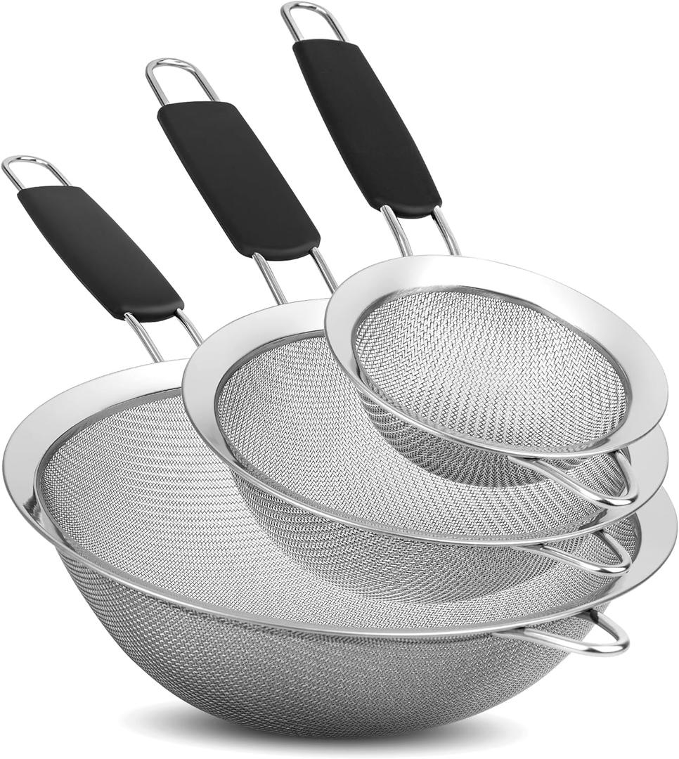 Set of 3 Fine Mesh Strainers for Kitchen | 3.4 inch, 5.5 inch and 7.9 inch Stainless Steel Strainer