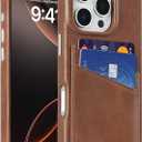 LUCKYCOIN Genuine Leather Wallet Phone Case for iPhone 16 Pro, Phone Purse with 2 Credit Card Holder, Compatible with iPhone 16 Pro, Metal Button Bumper Protective Shockproof Cover Dark Brown
