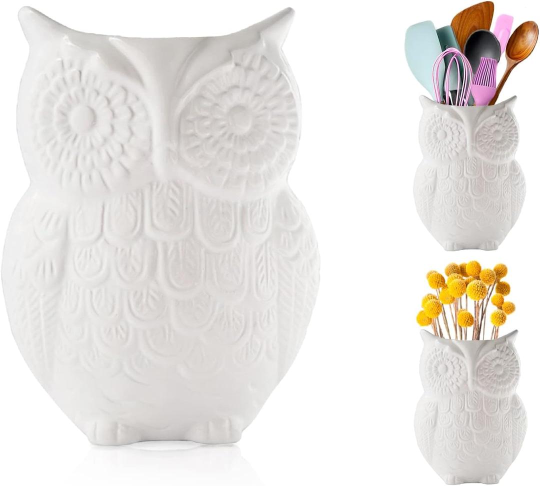Comfify Owl Utensil Holder Decorative Ceramic Cookware Crock & Organizer, in Lovely White Color - Utensil Shaped Caddy and Perfect Kitchen Ceramic Decor Gift for Countertop - 5 x 7 x 4 Size