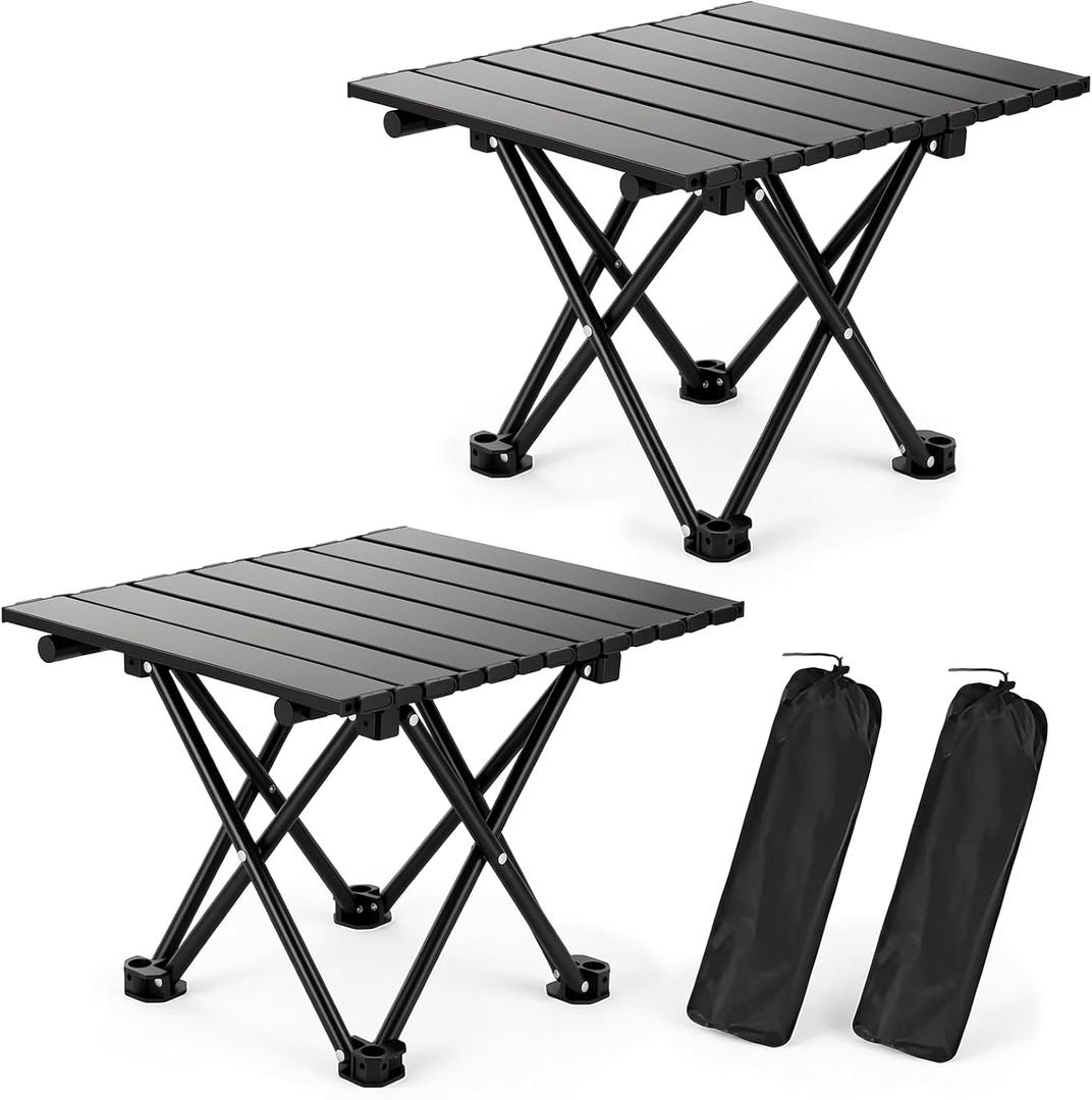 2 Pack Portable Camping Table Foldable, Ultralight Small Folding Beach Table with Carry Bag for Outdoor Travel, Beach, Camp, Picnic, BBQ, Cooking, Festival, Boat, Home Use (Black-S)
