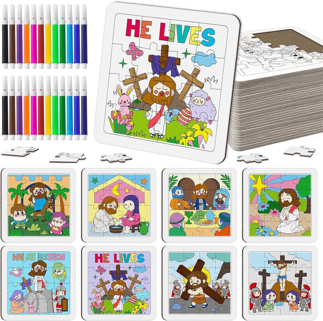 Cinrobiye 24Pcs Christian Easter Crafts BulkReligious Puzzle Jesus He is Risen Coloring Craft, Bible Jigsaw Arts Gifts Basket Stuffers for Classroom Church Sunday Party Favors Spring DIY Activity