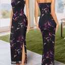 VFSHOW Womens Floral Strapless Wedding Guest Cocktail Bodycon Maxi Dress (Black)