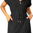 Terry Cloth Cover Ups - Hooded Cotton Swim Sun Cover-up with Zipper Pockets Beach Swimsuits