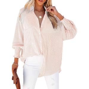 Womens Smocked Cuffed Striped Boyfriend Shirt Casual Collar Long Sleeve Oversized Button Down Blouse Tops with Pocket Shirred, Xs