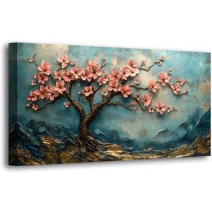 Tree of Life Pink Flowers and Golden Trees Pictures Canvas Wall Art for Living room Office Bedroom Teal Mountain Abstract Wall Decor Art Print Paintings Modern Plum Blossom Artwork -20x40inch