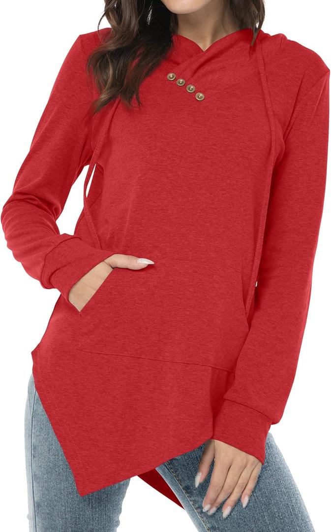AYIFU Womens Long Sleeve Tunic Hoodies Irregular Hem Hoody Casual Solid Tops with Pocket (Medium, Red)