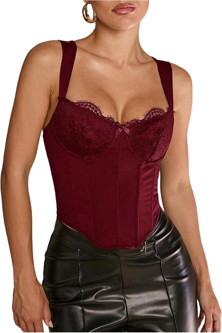 WDIRARA Women's Lace Bowknot Sleeveless Corset Bustier Tops Vintage Underwired Crop Tops, Small
