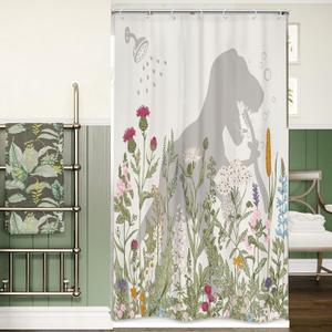 LGhtyro Small Stall RV Narrow Dinosaur Shower Curtain Bathroom Set 36Wx71H Inches Funny Kids Wildflower Dino Silhouette Floral Leaves Bath Accessories Botanical Boys Art Home Decor Fabric 7 Pack Hooks