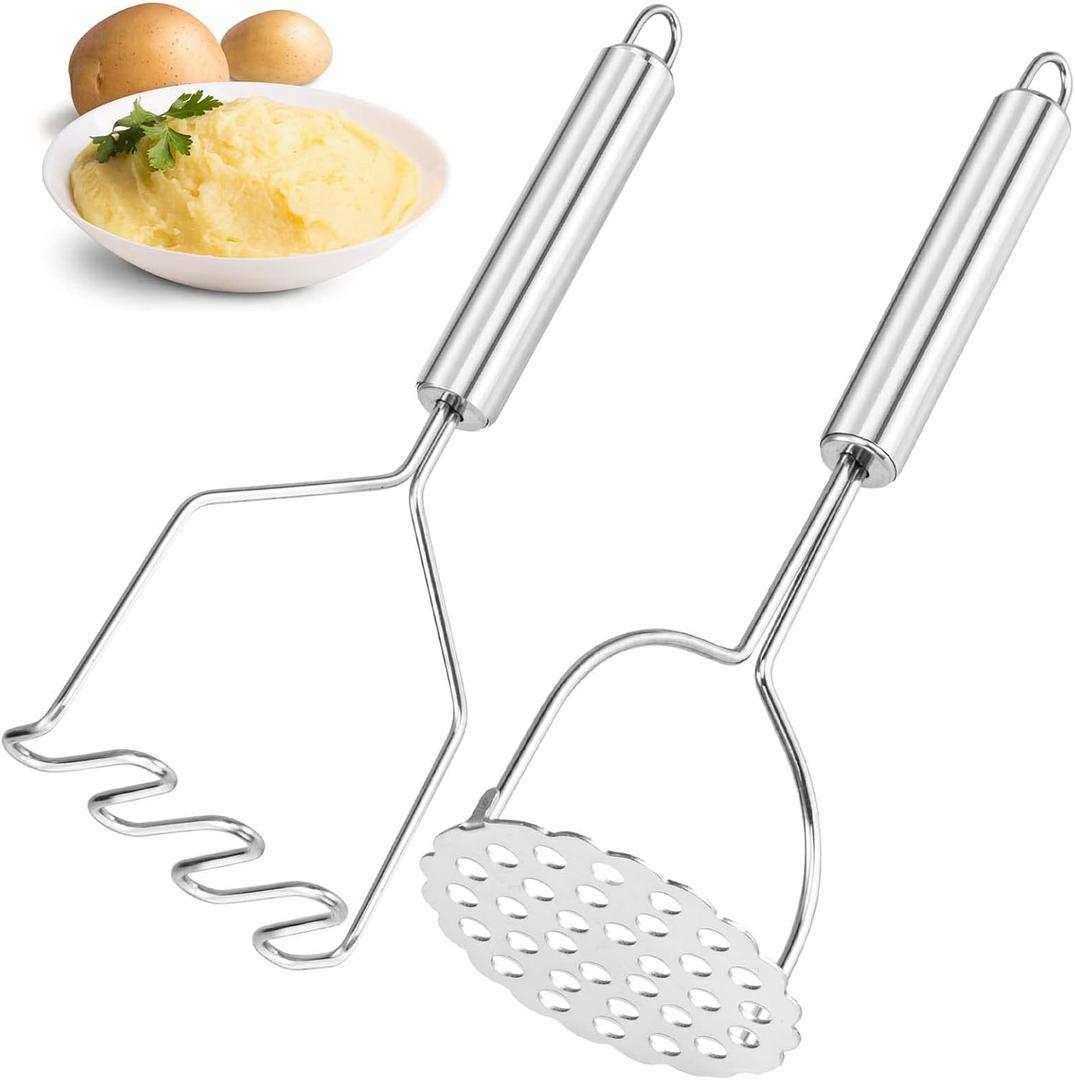2 Pcs Potato Masher for Potatoes, Heavy Duty Stainless Steel Integrated Kitchen Tool, Silver-Set