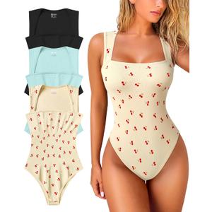 OQQ Women's 3 Piece Bodysuits Sexy Ribbed Strappy Square Neck Sleeveless Tummy Control Tank Tops Bodysuits (Medium, Black,sea Salt Blue,cherry Beige)