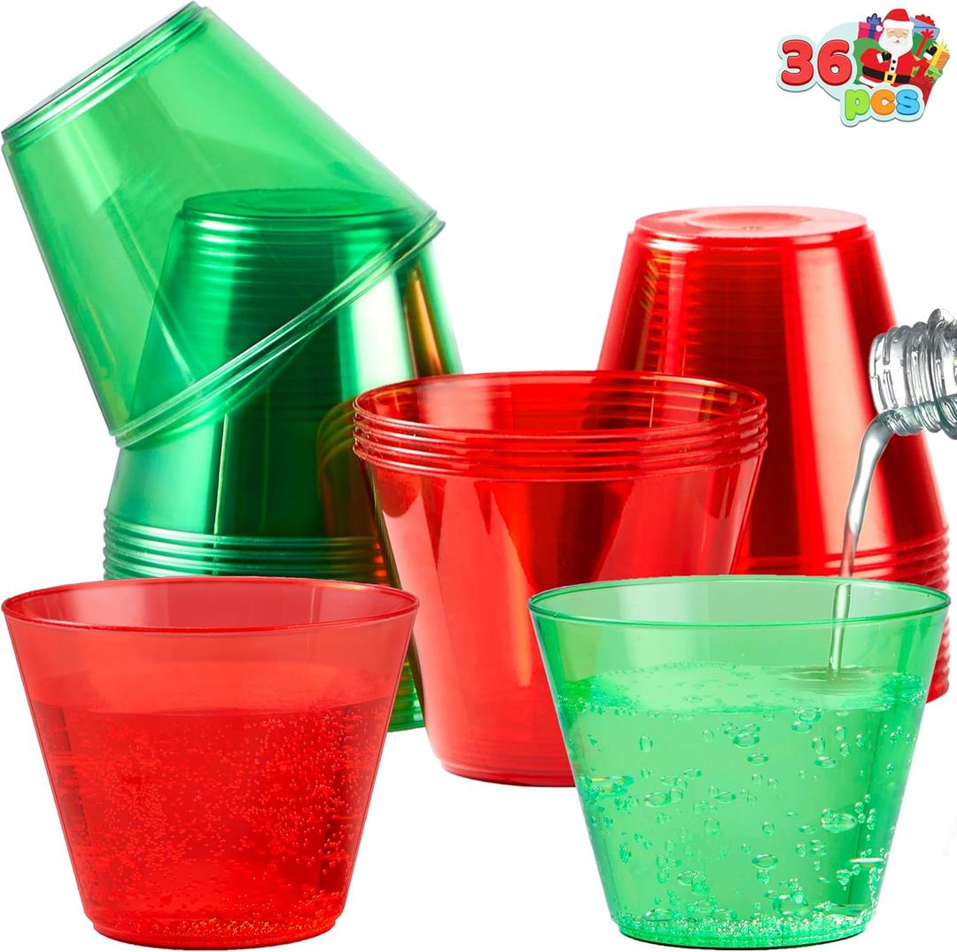 Clear Disposable Plastic Cups, 9 OZ Christmas Red and Green Drinking Cups, Plastic Wine Glasses for Xmas Party Supplies, Wedding, Thanksgiving, Birthday, Holiday, New Year