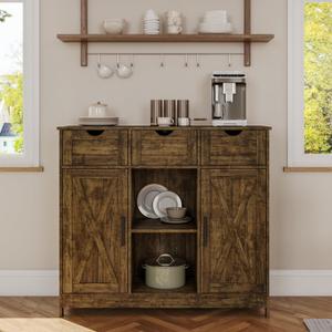Storage Cabinet, Coffee Bar Cabinet with 2 Adjustable Shelves, 3 Drawers, and 2 Doors, for Bathroom, Kitchen, Living Room (Retro)