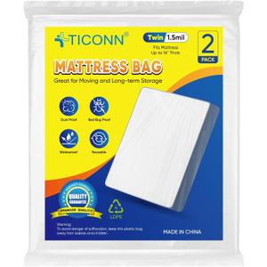 TICONN 2PK Plastic Mattress Bag for Moving Storage, Waterproof Mattress Protector Cover, Heavy-Duty Mattress Moving Supplies (1.5 mil, Twin)