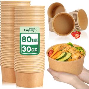 30 Oz Large Paper Bowls,80Pcs Disposable Soup Bowls Bulk,Kraft Paper Salad Bowl without Lids,Disposable Serving Bowl for Soup,Hot/Cold Food,Salad,Ice cream,Dessert