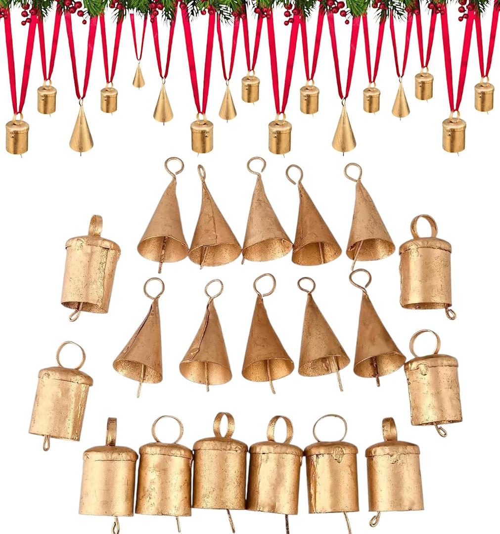 Set of 20 Christmas Bells for Decoration - Small Jingle Bells, Witch Bells, and Indian Tin Bells for Rustic Chimes and Christmas Tree Crafts