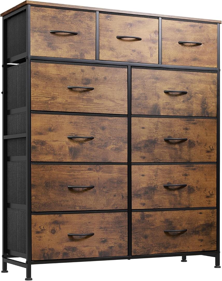 WLIVE Tall Dresser for Bedroom, Fabric Dressers Storage Tower, Dresser & Chest of Drawers Organizer Unit with 11 Drawers, Storage Cabinet, Hallway, Closets, Steel Frame, Wood Top, Rustic Brown
