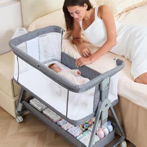 Grobeybees 3-in-1 Bedside Bassinet for Baby, Height Adjustable Bedside Sleeper with Breathable Mesh, Storage Basket & Wheels, Easy Assembly, Includes Mattress Grey | Wheels, Storage basket, Adjustable height, Inclined Anti-Reflux, Bedside Sleeper, Breathable Mesh, Crib