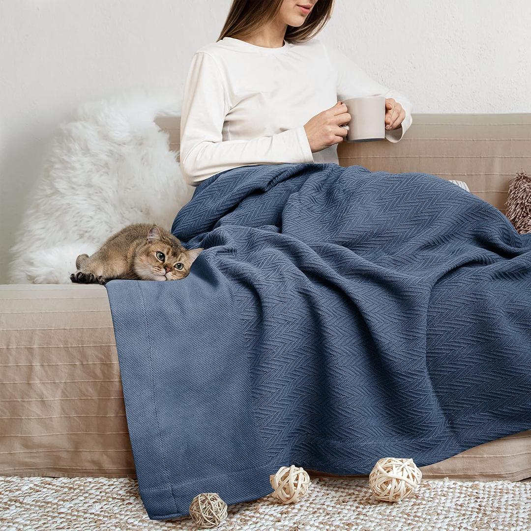 THREAD SPREAD Organic GOTS Cotton Blanket, Full/Queen - 350 GSM, Antistatic, Fuzzy Soft, Lightweight, Sofa, Camping & Travel, Perfect Herringbone All Seasons Throw, Medium Blue with Free Tote Bag
