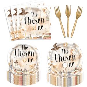 96 Pcs The Chosen One First Birthday Party Supplies Wizard 1st Birthday Disposable Paper Tableware Magical School Bday Party Paper Plates Napkins Fork Serves 24