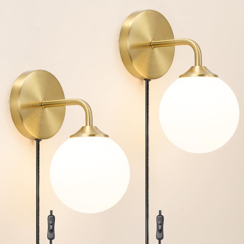 Gold Plug in Wall Sconce Set of 2, Wall Light Fixture with Plug in Cord On/Off Switch, Mid Century Art Deco Wall Lighting Fixture with Milky White Globe Glass Lampshade for Bedroom Living Room Hallway