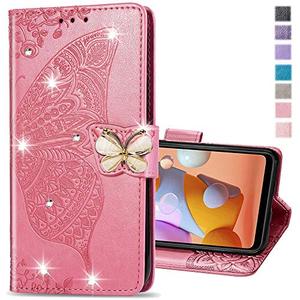 COTDINFOR Compatible with iPhone 14 Case Glitter Bling with Card Holder and Stand Leather Flip Wallet Diamond Butterfly Protective Case for iPhone 14 6.1 inch Crystal Pink
