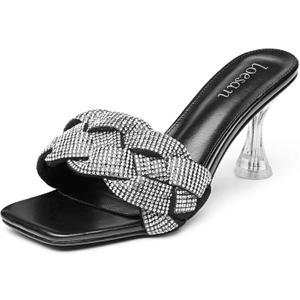 Women's Rhinestone Braided Heels Sandals Open Square Toe Stilettos Heels Clear Lucite Heeled Mules Slip On Sexy Dress Wedding High Heel Slippers (7, Black)