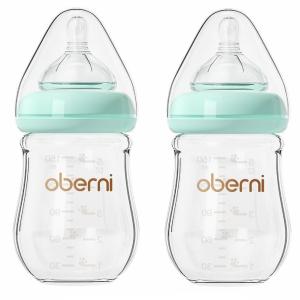 Glass Baby Bottles, Anti Colic Breastfeeding Bottle with Natural Response Nipple for Newborn Preemie 0+ Month, BPA Free, Wide Neck, Blue/5oz