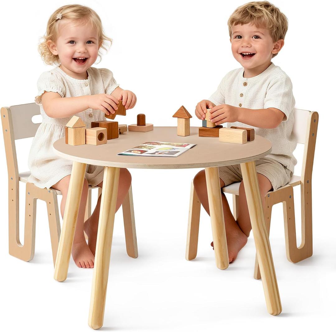 ROBOTIME Wooden Kids Table and Chairs, Adjustable Height Toddler Table and Chair Set, Round Kids Desk and Chair Set for Ages 3+, Sturdy Design, Easy to Clean, Perfect for Study, Playroom & Mealtime, 59cm x 74cm x 49cm