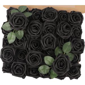 MACTING Black Roses Artificial Flowers 30PCS Real Touch Fake Flowers with Stem Foam Roses for DIY Wedding Bouquet Gifts Table Centerpieces Party Bridal Shower Home Mothers Day Decorations
