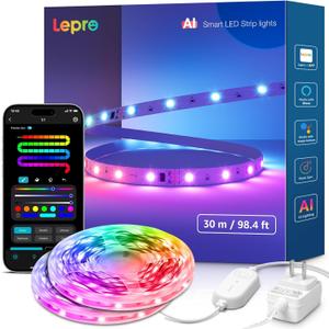 Lepro S1 AI LED Strip Lights for Bedroom - 100ft(2 Rolls of 50ft) Smart RGB Light Strips with IC and Rainbow Chasing Effects, AI Generated Lighting, No Remote, 2.4G Wi-Fi & Bluetooth