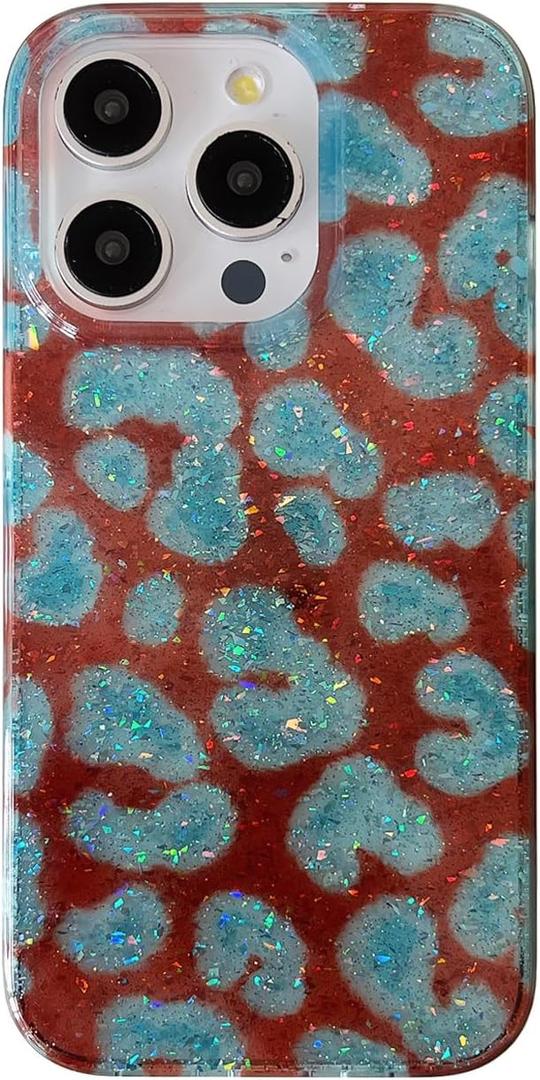 Reoomukk Blue Brown Cheetah Leopard Print Phone Case for iPhone 15 Pro Max 6.7in,Trendy Coquette Aesthetic Tortoise Shell Cool Girl Glitter Slim Protective Cover for iPhone 15promax 6.7"