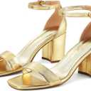 Elisabet Tang 2.36 inch Open Toe Ankle Strap Chunky Heels Pump Sandals Party Dress Sandals Daily Work Wedding Buckle Heels Sandals Shoes (7.5, Gold)