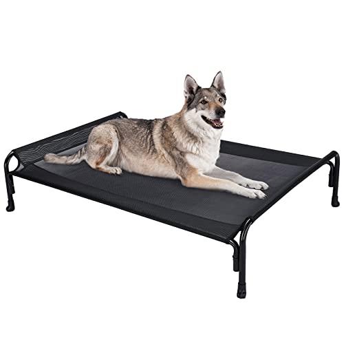 Veehoo Outdoor Elevated Dog Bed, Raised Dog Cot for Large Dogs, Cooling Washable Waterproof Pet Hammock Beds with Slope Headrest, Breathable Mesh and Sturdy Frame, Large, Black, CWC2204