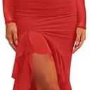 Hocuos Womens 2026 Round Neck Long Sleeve Ruffle Hem Midi Dress Mesh Ruched Bodycon Formal Cocktail Wedding Guest Dresses M